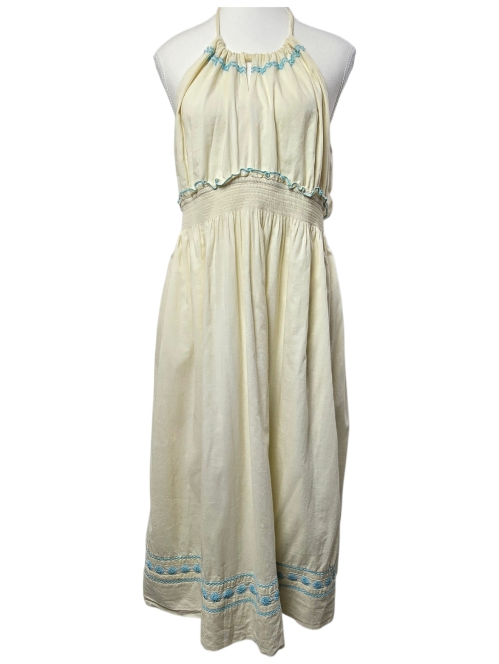 Old Navy Cream Halter Midi Dress Embroidered Smocked Back Boho Cottagecore XL